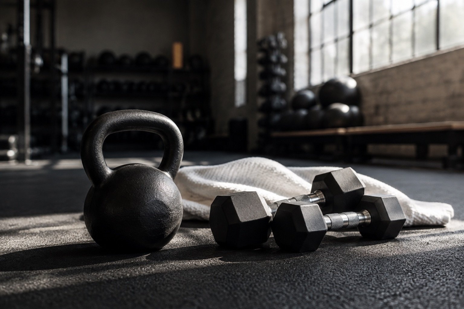 Black strength-training equipment in a naturally lit studio